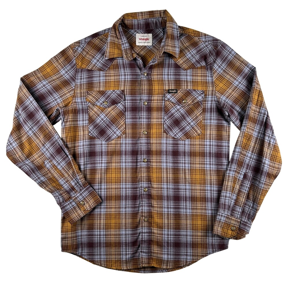 Wrangler Shirt Mens Small Brown Plaid Long Sleeve Western Snap Pockets Stretch